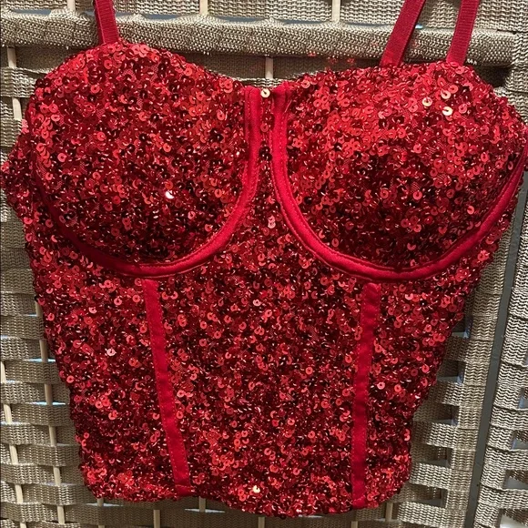 No Boundaries Red Sequin Bustier Crop Top - Picture 2 of 6